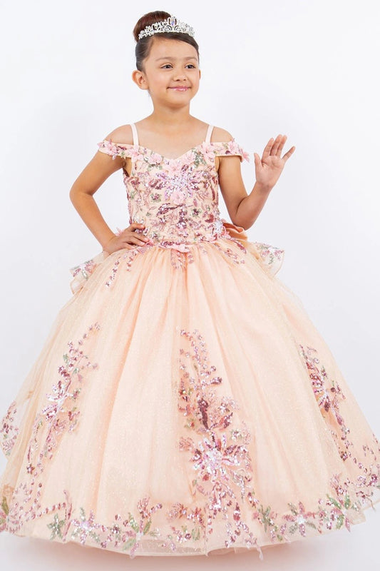 Shown in a front view, the Peach Blush mini quince dress has off-shoulder floral bodice and layered tulle skirt with floral borders.