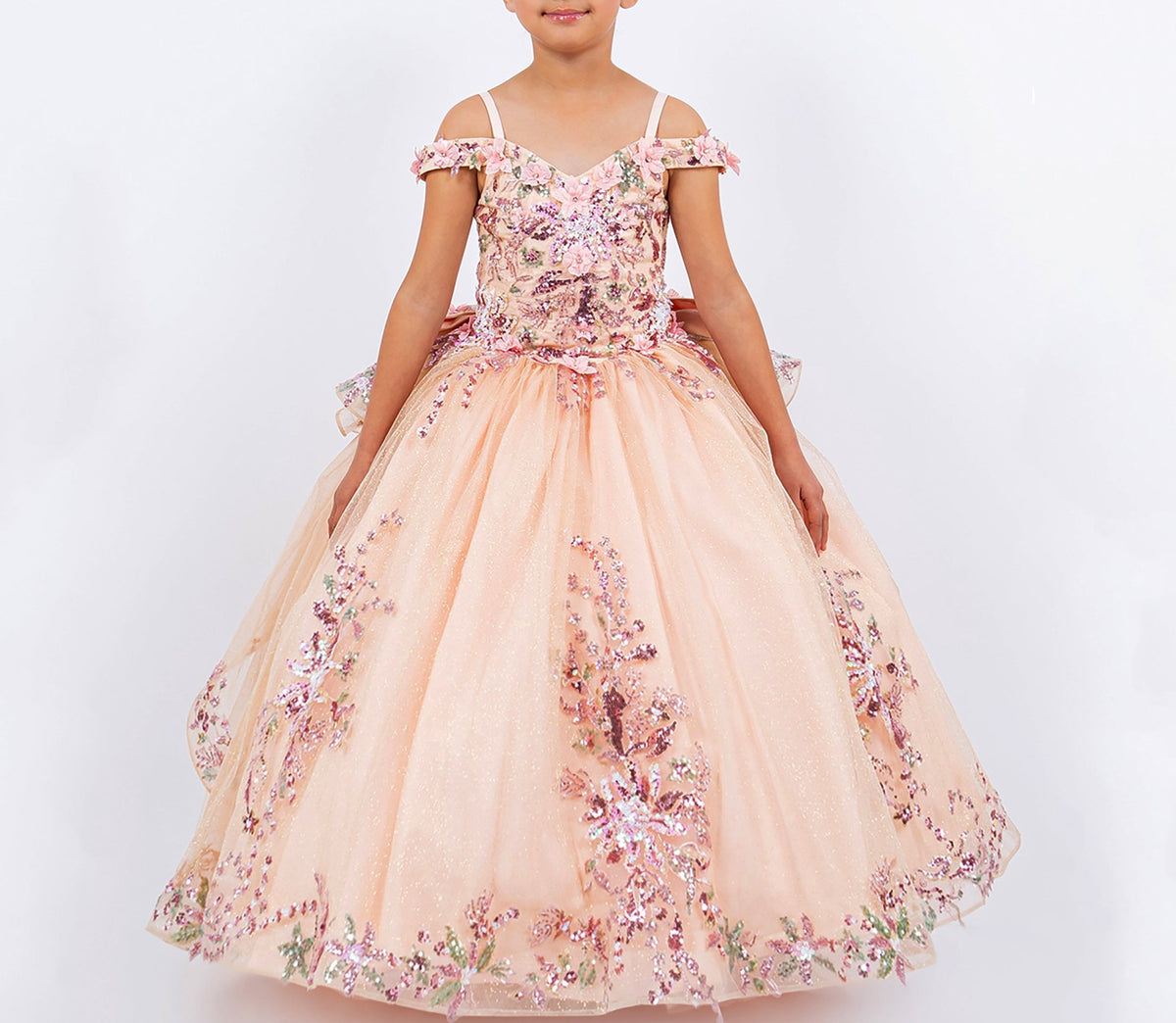 Front view of peach blush mini quince dress with 3D beaded floral applique off-shoulder tulle ball gown.