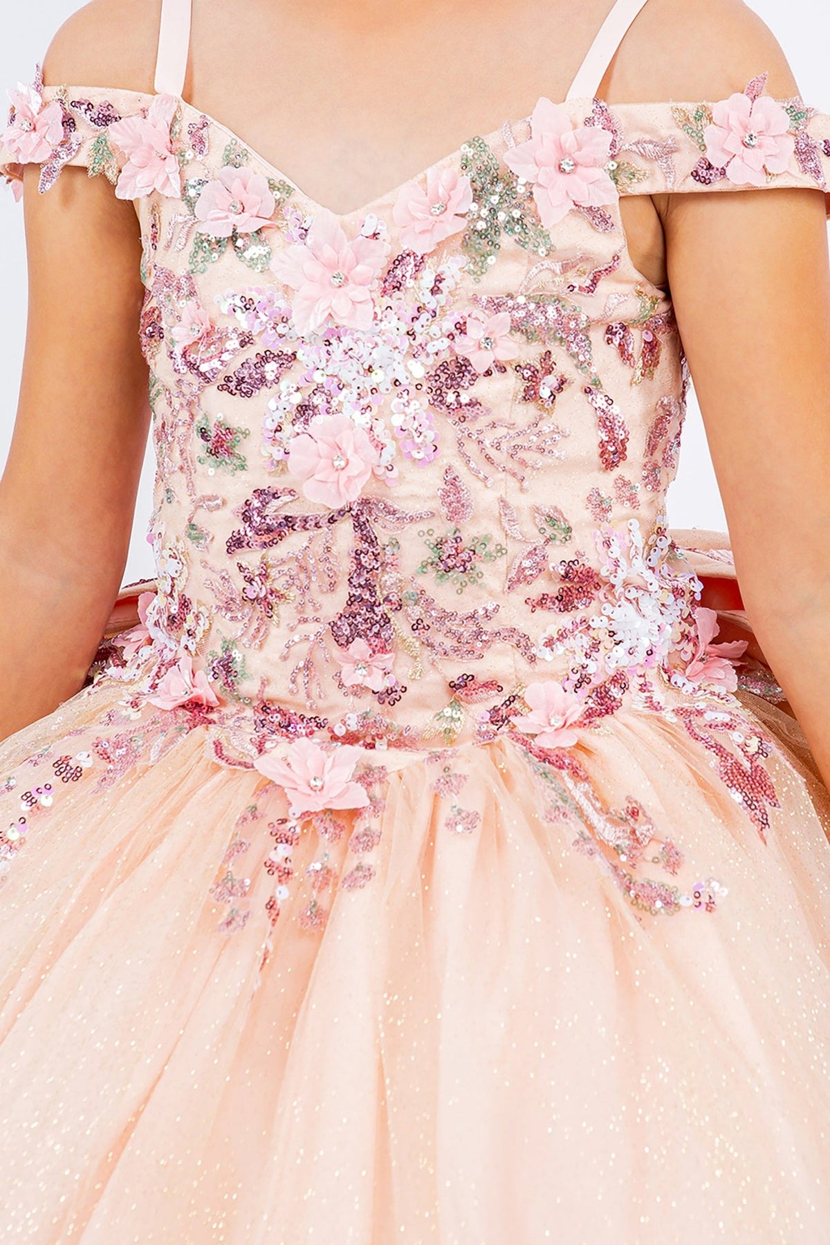 Peach blush mini quince dress with sequin floral embroidery off-shoulder tulle straps.