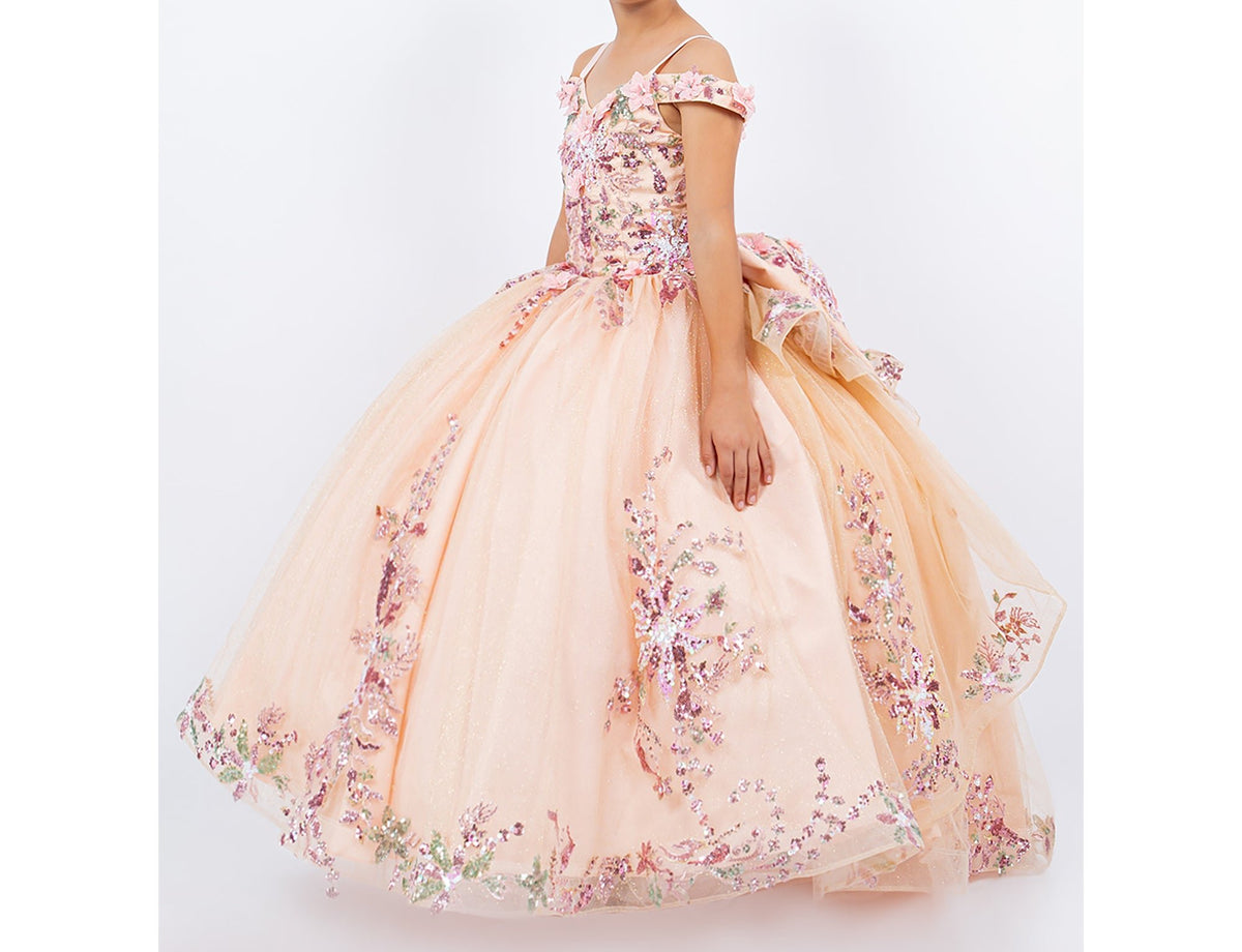 Peach blush mini quince dress with 3D floral applique glitter tulle skirt ball gown.