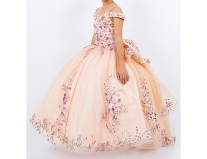 Skirt detail shows peach blush mini quince dress with 3D floral applique glitter tulle skirt ball gown.