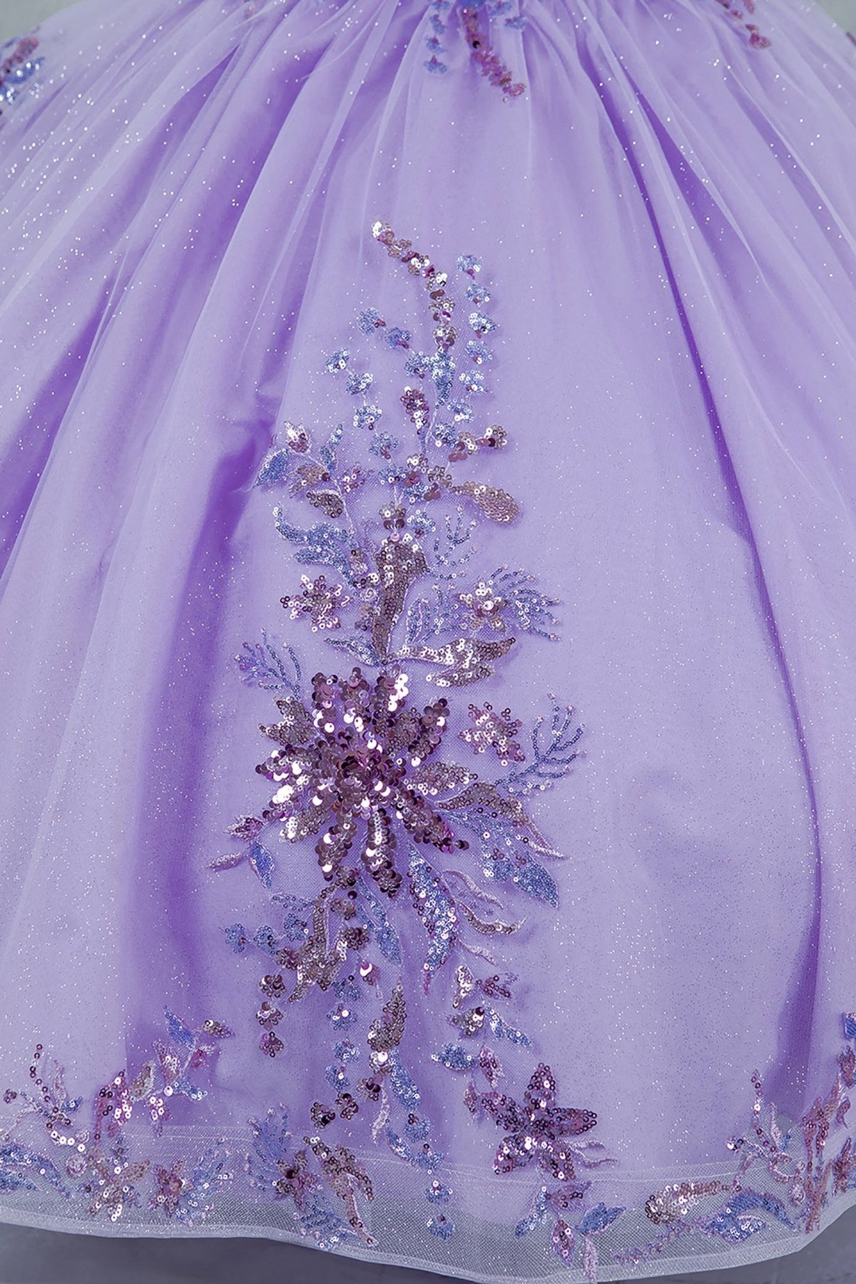 Lilac front view kids mini quinceañera mini quince dress with off-shoulder 3D beaded floral applique and glitter tulle train.