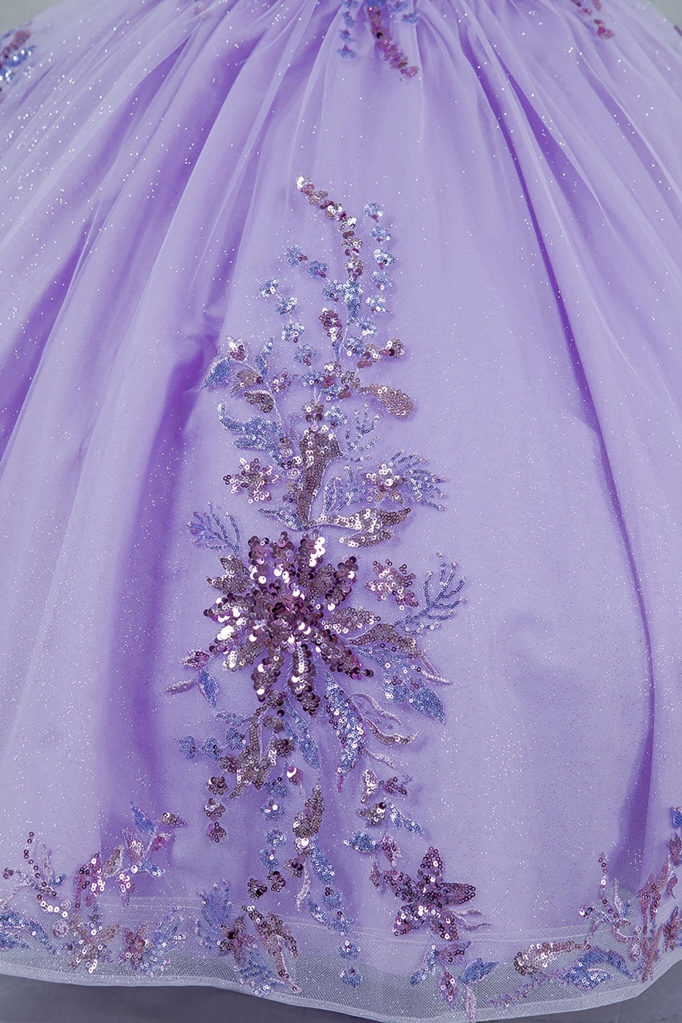 Lilac front view kids mini quinceañera mini quince dress with off-shoulder 3D beaded floral applique and glitter tulle train.