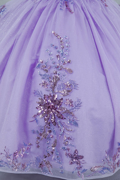 Decorative elements define lilac kids mini quinceañera mini quince dress with off-shoulder 3D beaded floral applique.
