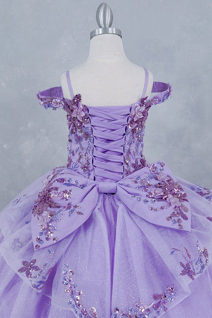 Close-up view reveals lilac side zoom kids mini quinceañera mini quince dress with off-shoulder 3D beaded floral applique.