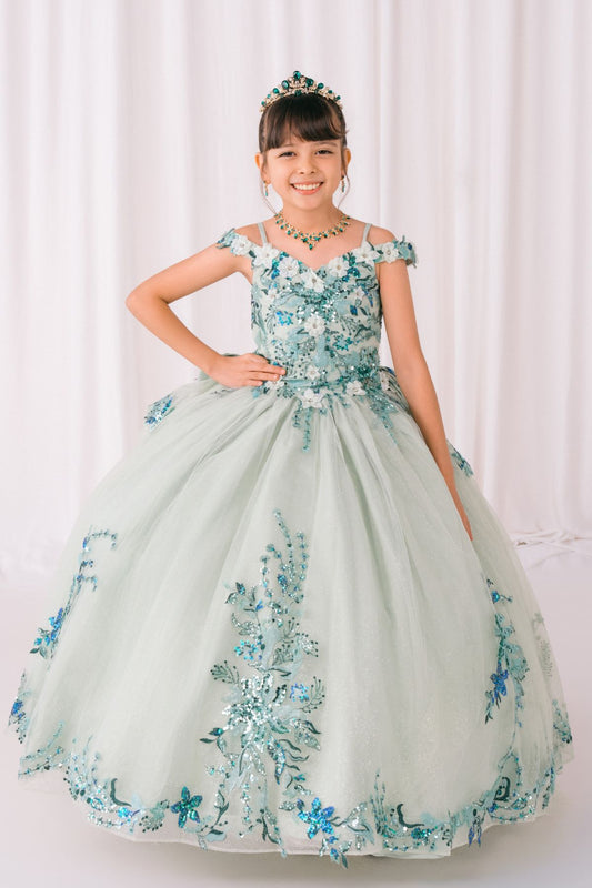 Sage front view kids mini quinceañera mini quince dress with off-shoulder 3D beaded floral applique, glitter tulle and train.