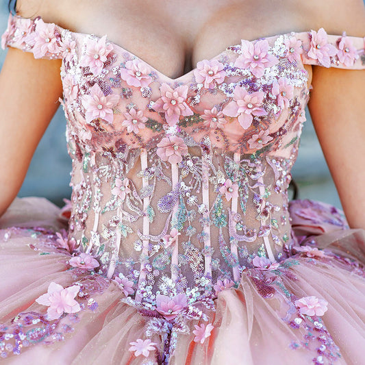 Quinceanera | Peach Blush Ball Gown with 7-Layer Skirt and Off-Shoulder 3D Floral Beaded Bodice | Samara dress