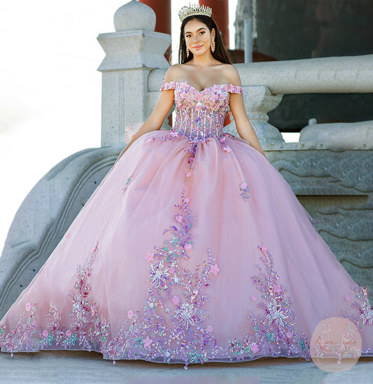 Quinceanera | Peach Blush Ball Gown with 7-Layer Skirt and Off-Shoulder 3D Floral Beaded Bodice | Samara dress