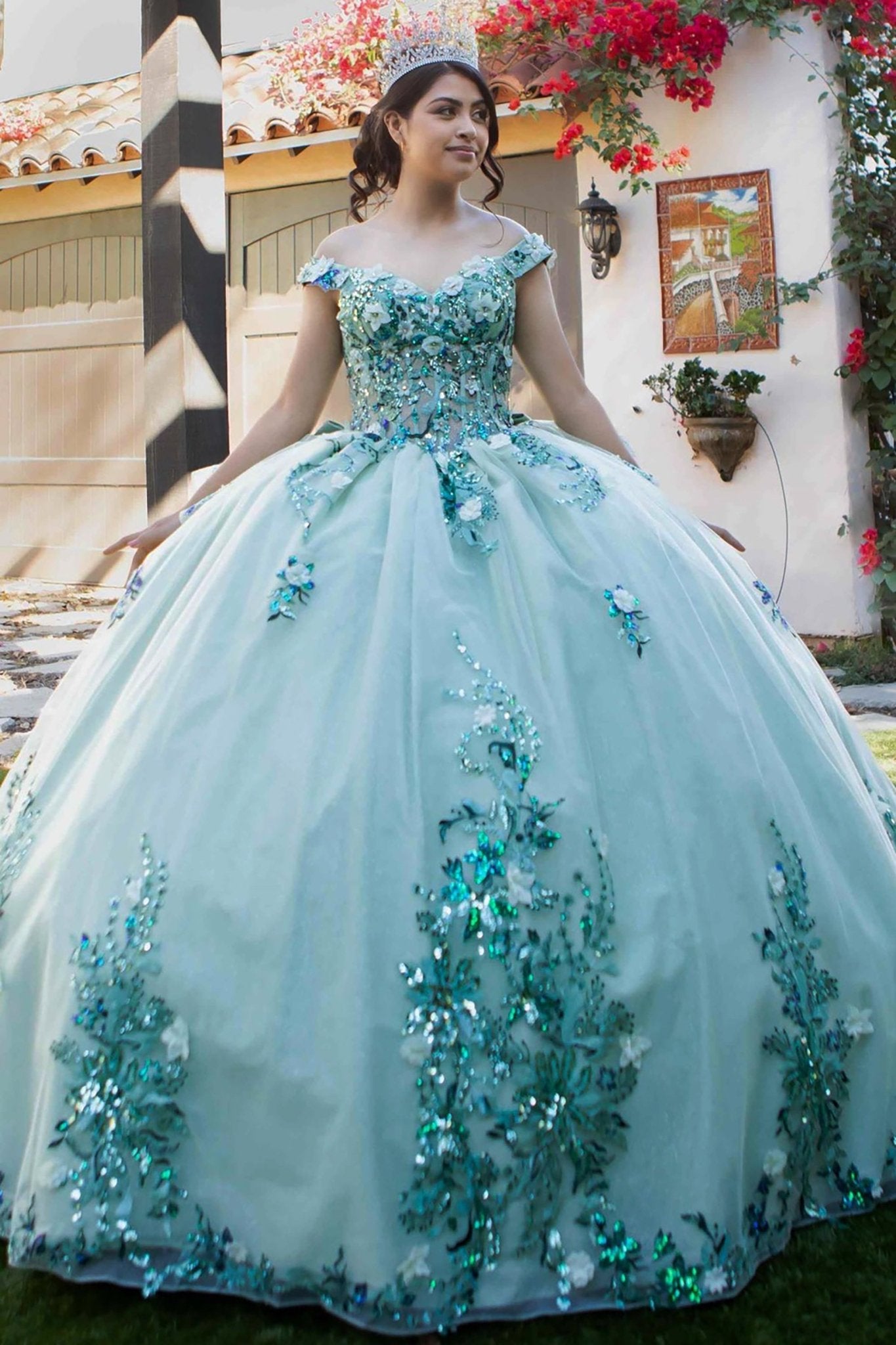Graceful Sage Ball Gown with 7-Layer Skirt and Floral Beaded Bodice American Stride Graceful Sage Ball Gown with 7-Layer Skirt and Floral Beaded Bodice American Stride