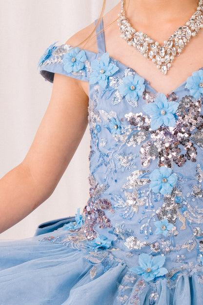 Light blue mini quince dress with floral and sequin details on a plain background