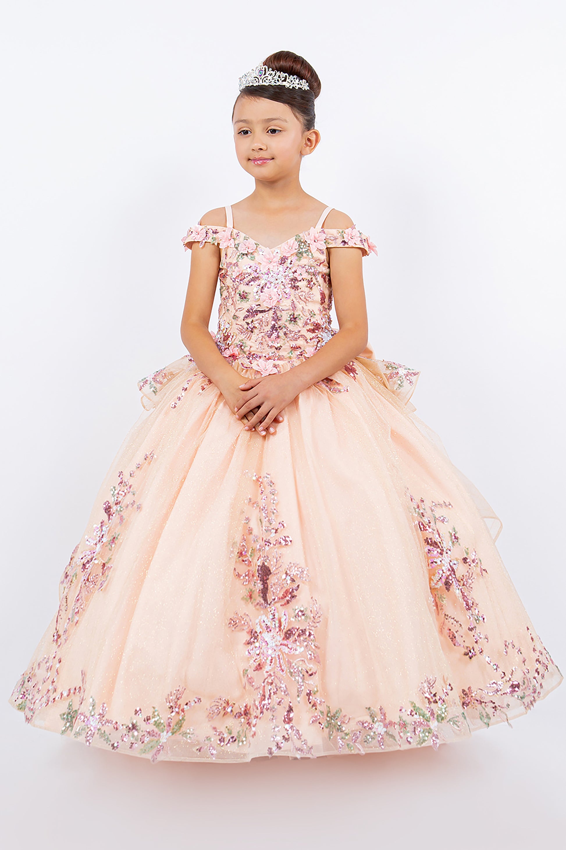 Peach Blush Kids Dress w/ Beaded Appliques & Off Shoulder Tulle 10 / Blush Peach Blush Kids Dress w/ Beaded Appliques & Off Shoulder Tulle 10 / Blush