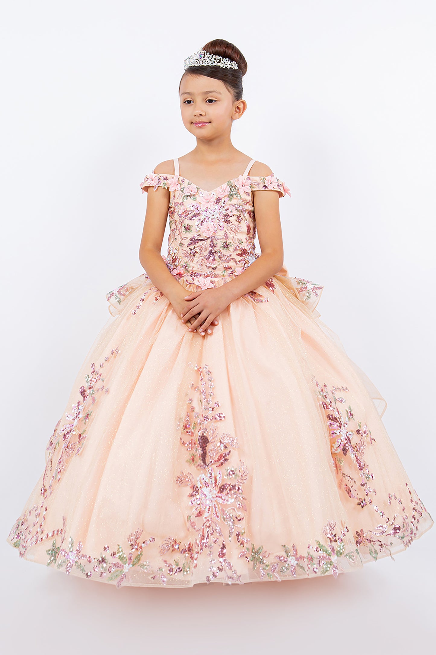 Peach-Blush 3D Beaded Flowers Applique Off-the-shoulder Glitter Tulle with Train 3-Anos Ball Gown Dress front whole view