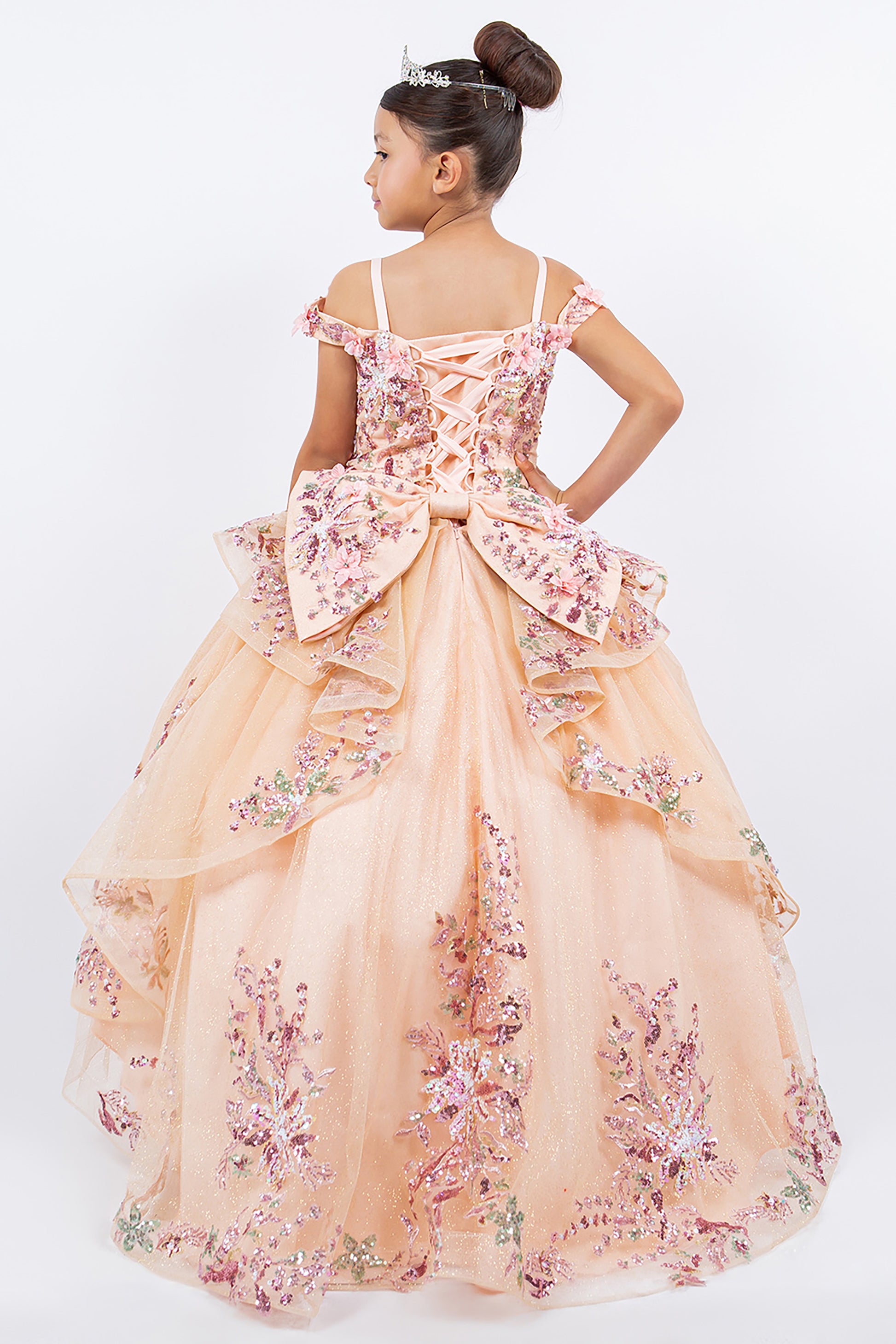 Peach Blush Kids Dress w/ Beaded Appliques & Off Shoulder Tulle 10 / Blush Peach Blush Kids Dress w/ Beaded Appliques & Off Shoulder Tulle 10 / Blush