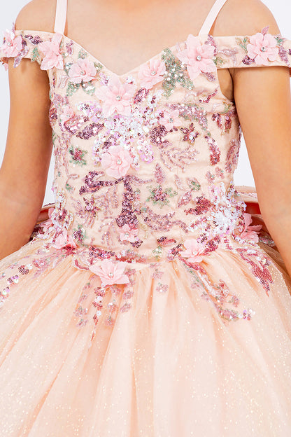 Peach-Blush 3D Beaded Flowers Applique Off-the-shoulder Glitter Tulle with Train 3-Anos Ball Gown Dress front zoom