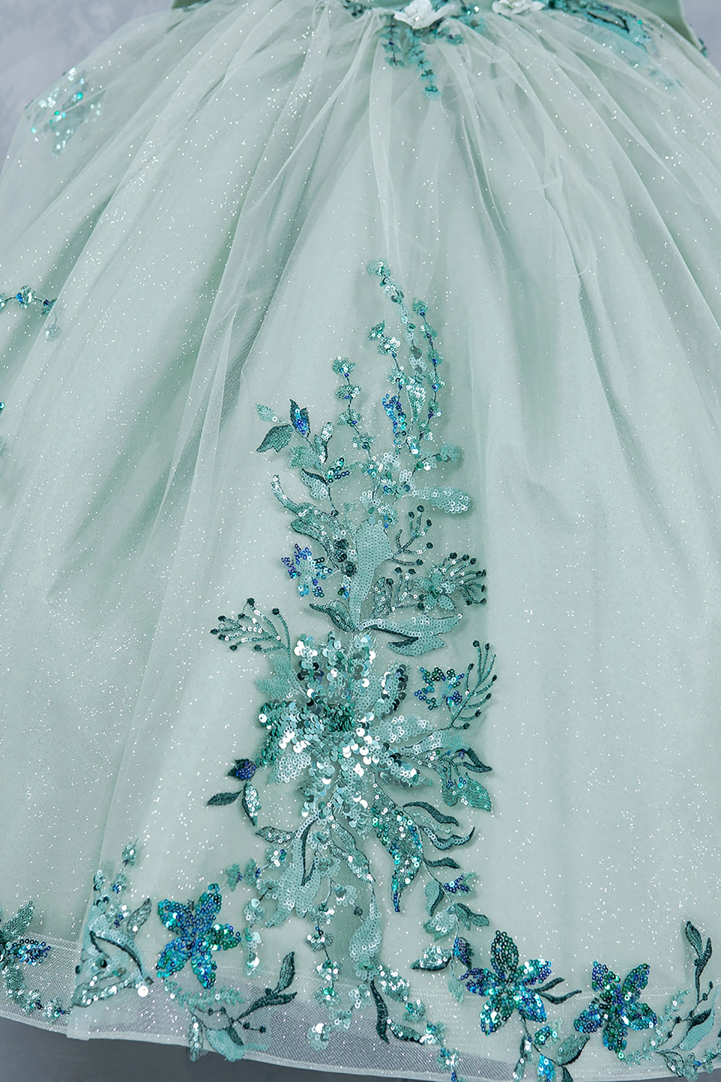 Mini Quince | Sage 3D Beaded Flowers Applique Off Shoulder Glitter Tulle with Train 3-Anos Ball Gown Mini Quinceanera Dress |  Samara dress sequin details