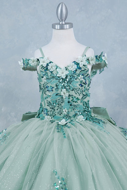 Mini Quince | Sage 3D Beaded Flowers Applique Off Shoulder Glitter Tulle with Train 3-Anos Ball Gown Mini Quinceanera Dress |  Samara dress front zoom