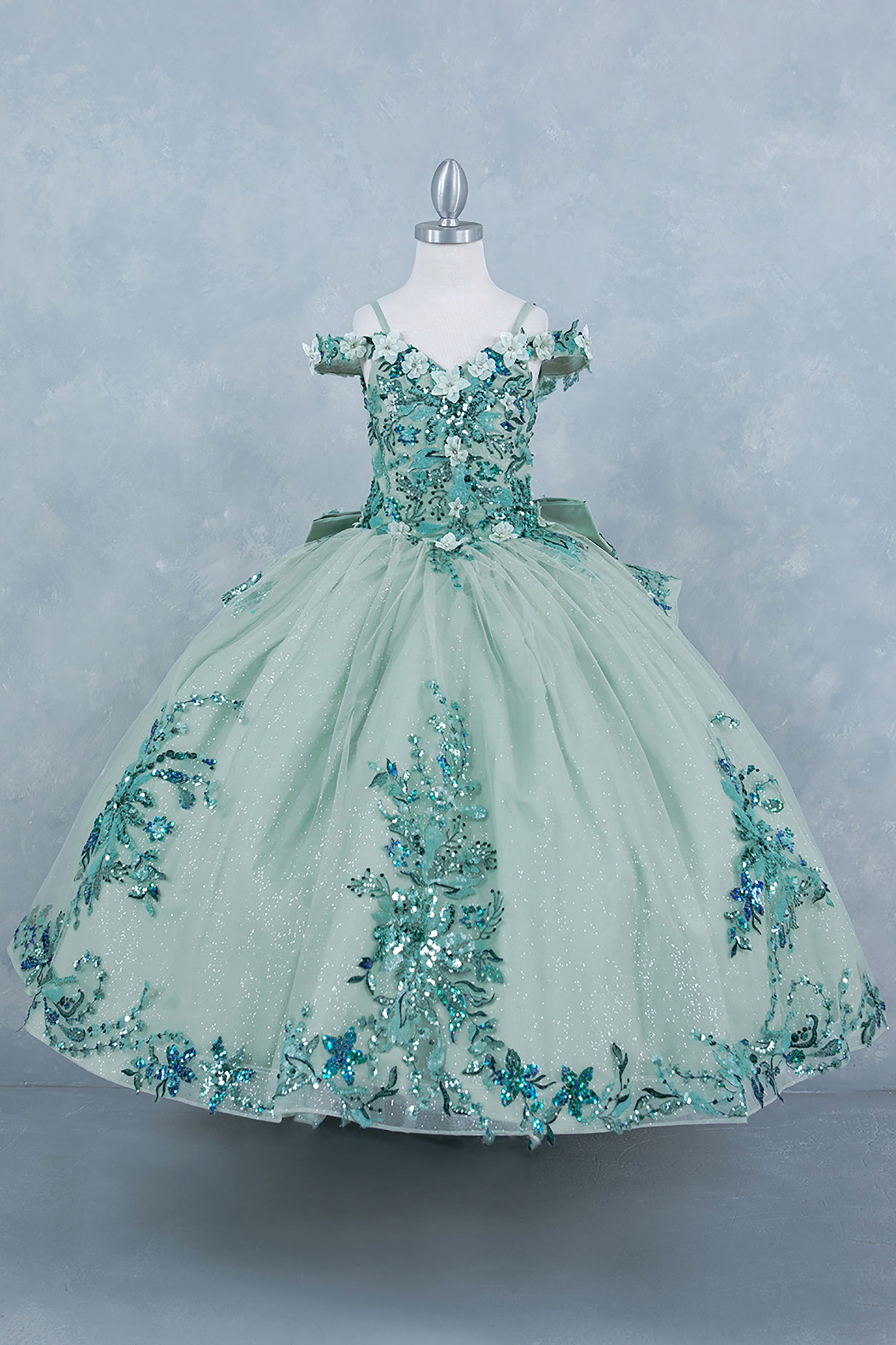 Mini Quince | Sage 3D Beaded Flowers Applique Off Shoulder Glitter Tulle with Train 3-Anos Ball Gown Mini Quinceanera Dress |  Samara dress front view