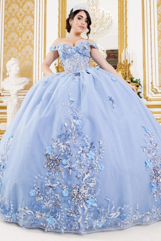 Shown in a full-skirt front view, the Dusty Blue quinceañera dress has off-shoulder floral bodice and floral appliques along the full skirt.