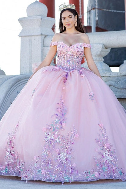 Shown in a full-skirt front view, the Peach Blush quinceañera dress has off-shoulder floral bodice and floral appliques across the ball skirt.