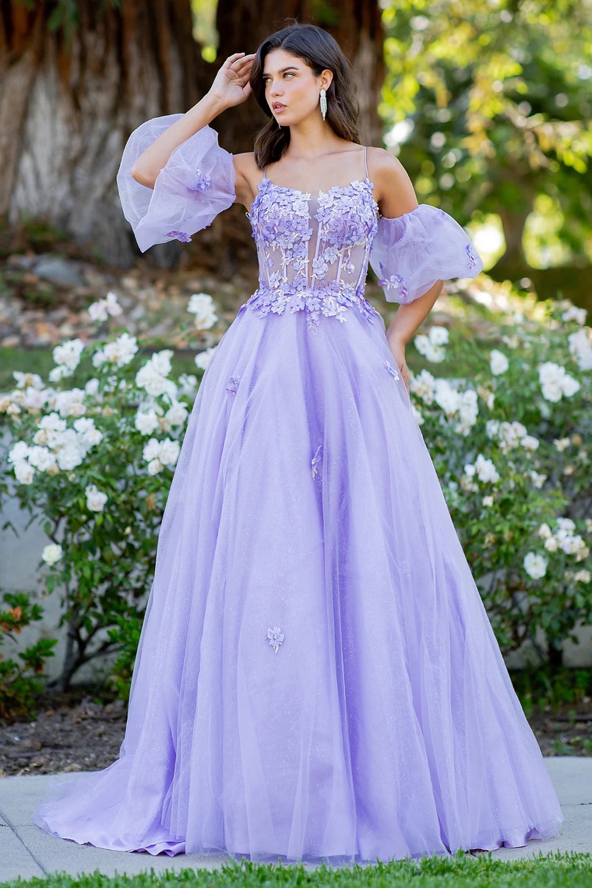 Bodice close-up highlights lilac prom dress with structured straps and sweetheart neckline.