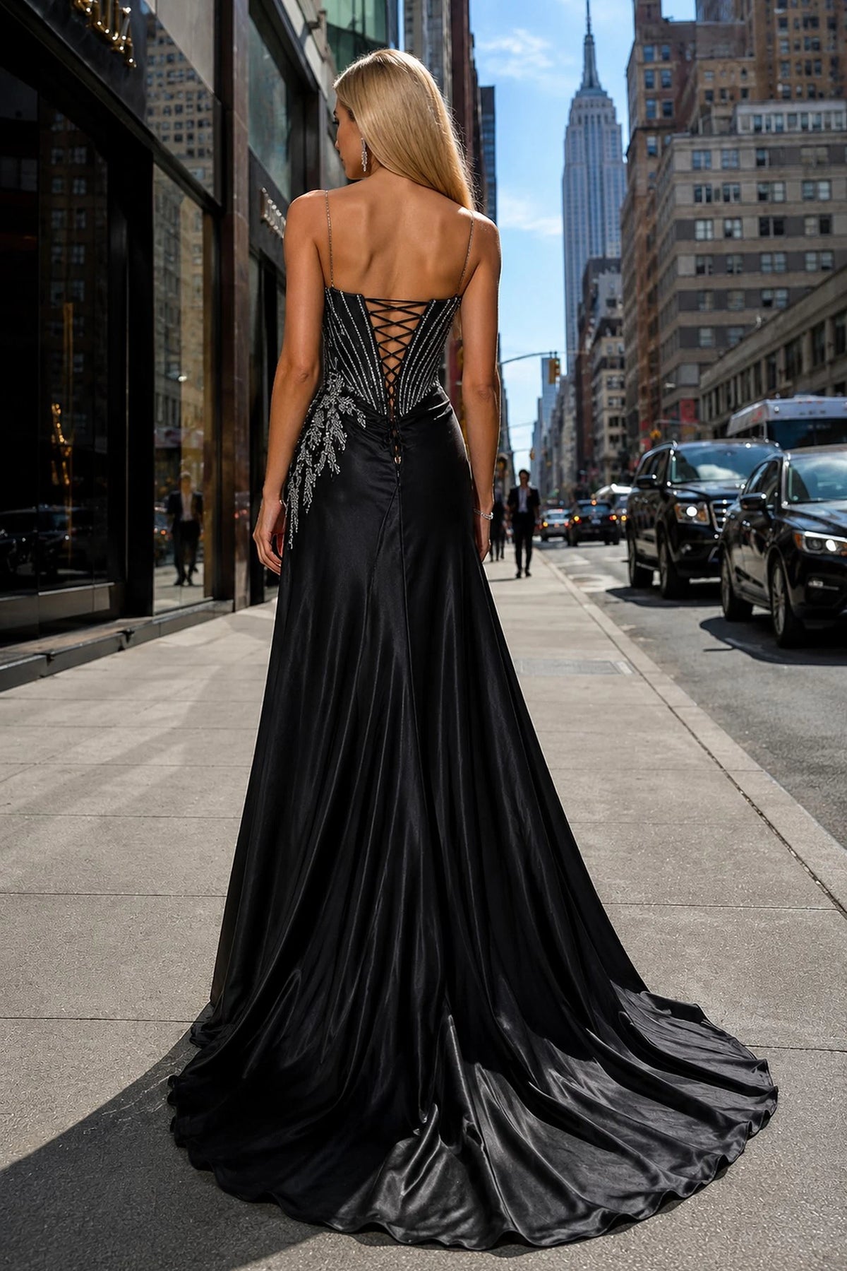 Back view of this Black prom and evening dress highlights the lace-up back.