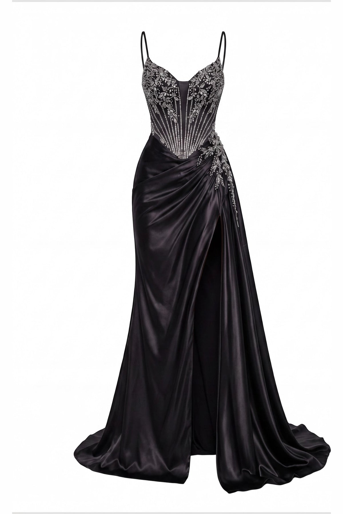 Beaded detailing accents this Black prom and evening dress.