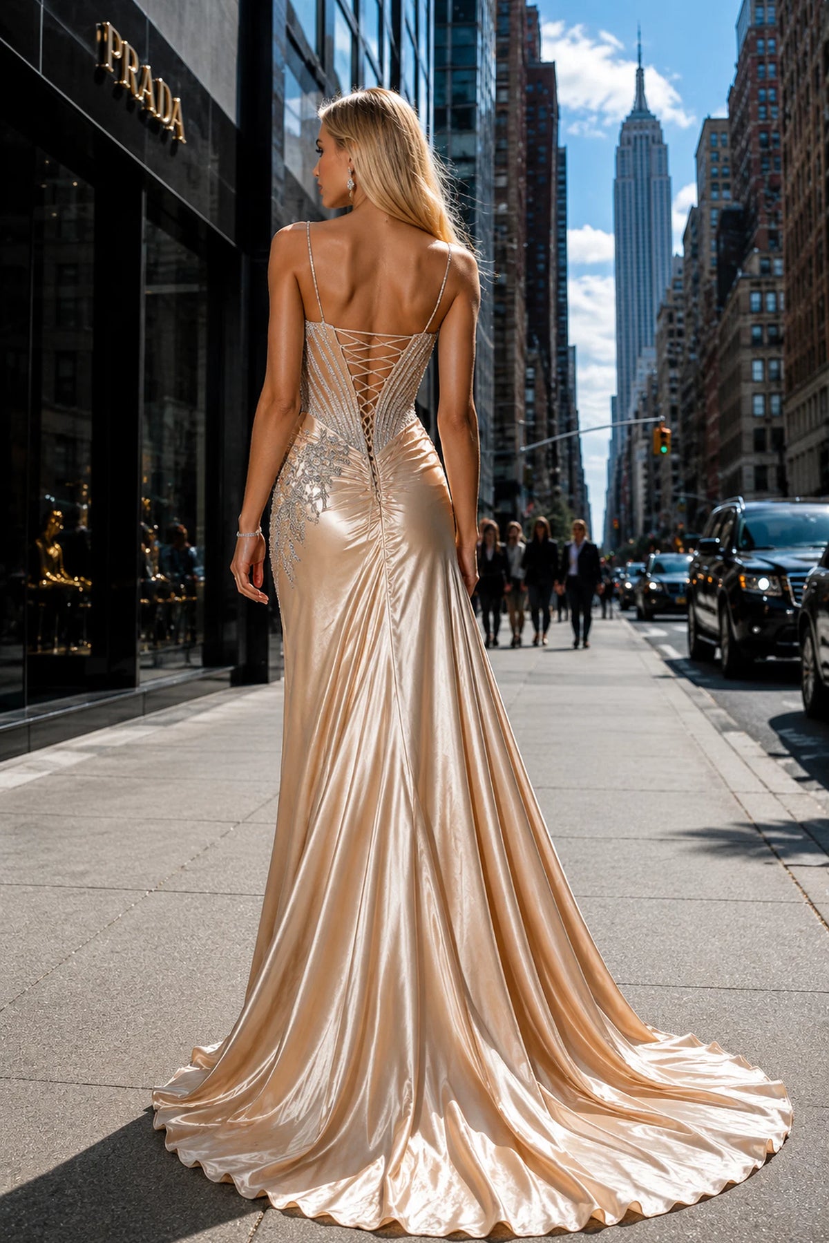 Back view of this Champagne prom and evening dress highlights the lace-up back.