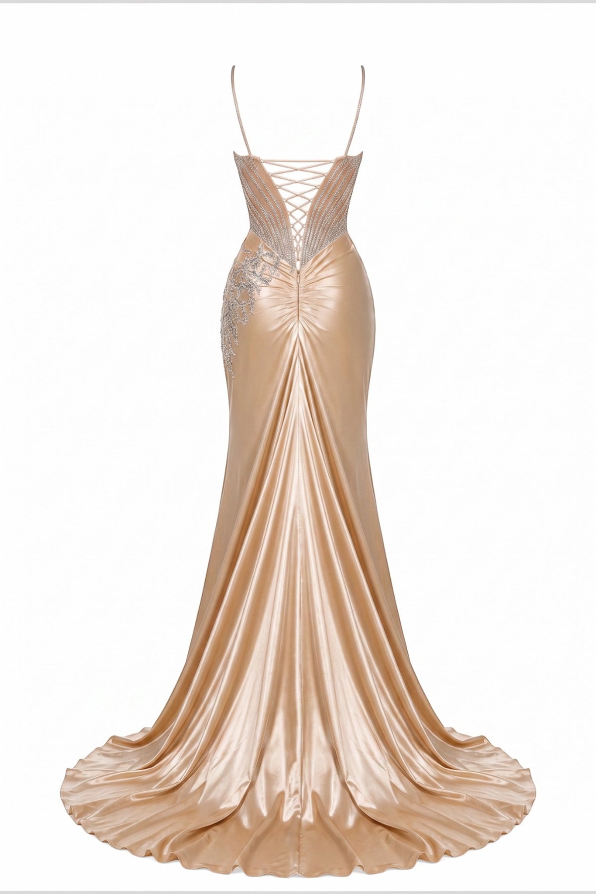 Sweeping hem finishes the back of this Champagne prom and evening dress.