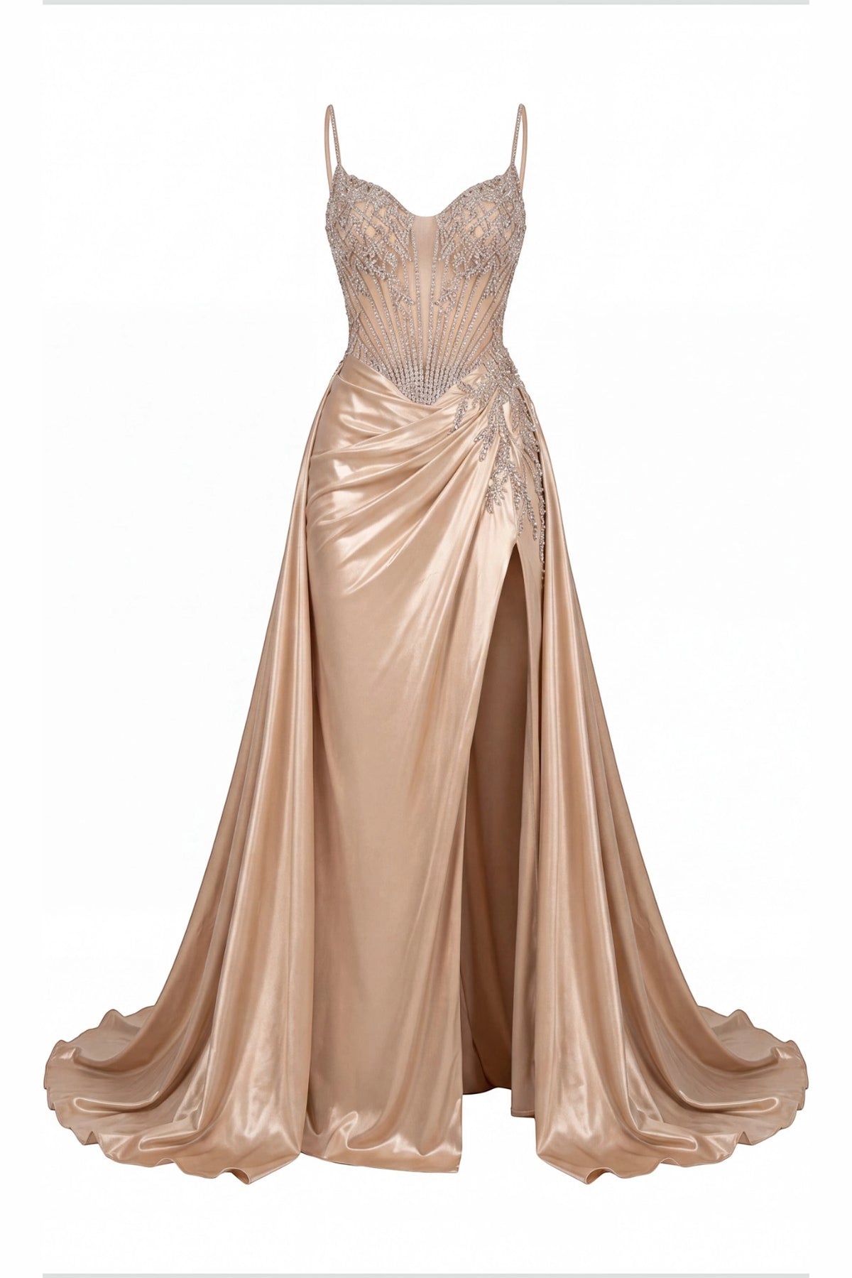 Beaded detailing accents this Champagne prom and evening dress.