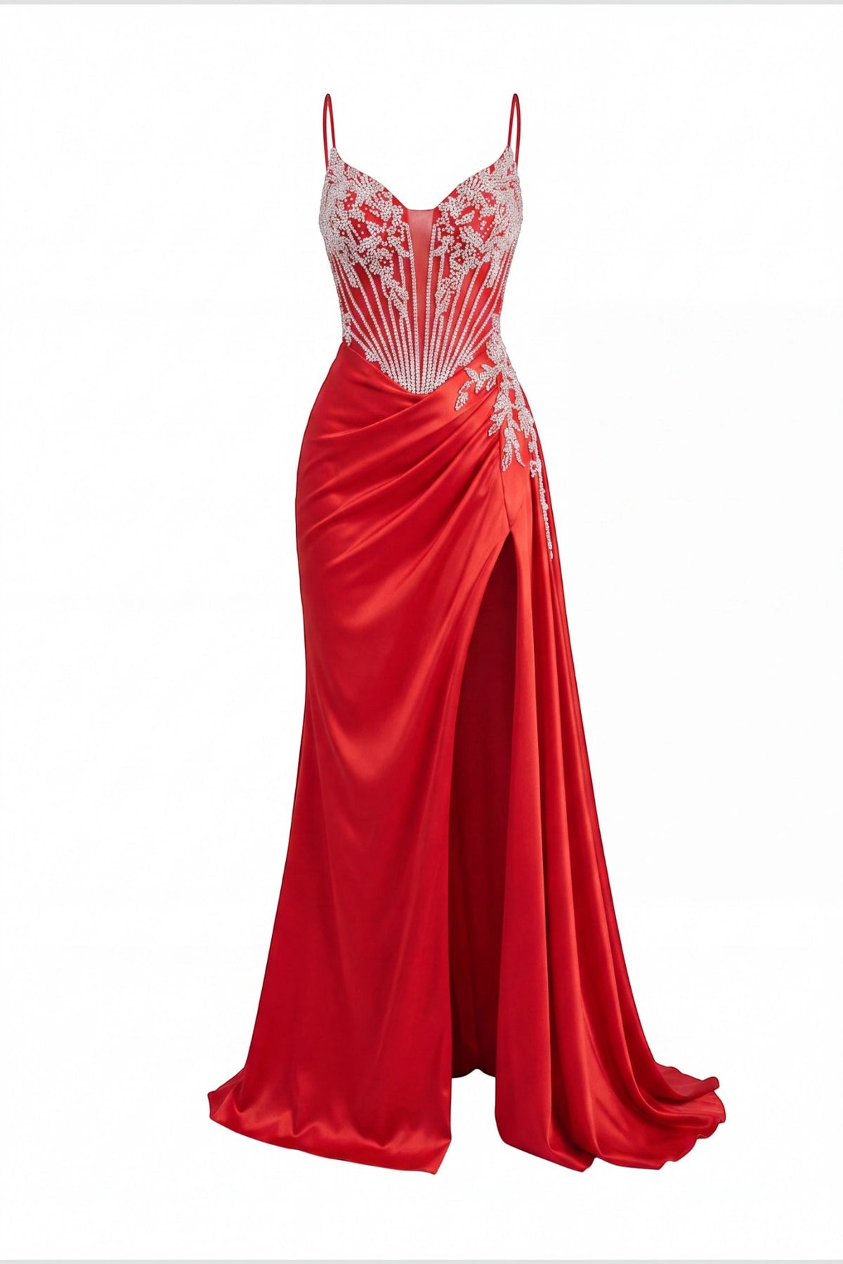 Red prom and evening dress with a sweetheart neckline and satin skirt.