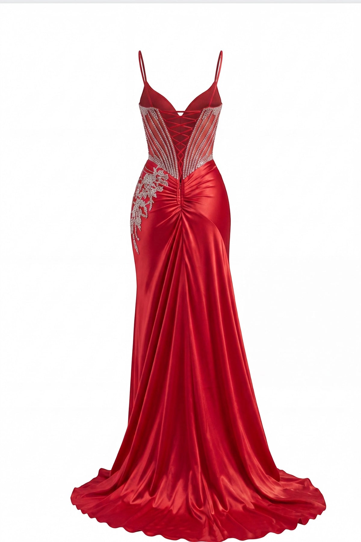 Crossed lacing defines the upper back of this Red prom and evening dress.