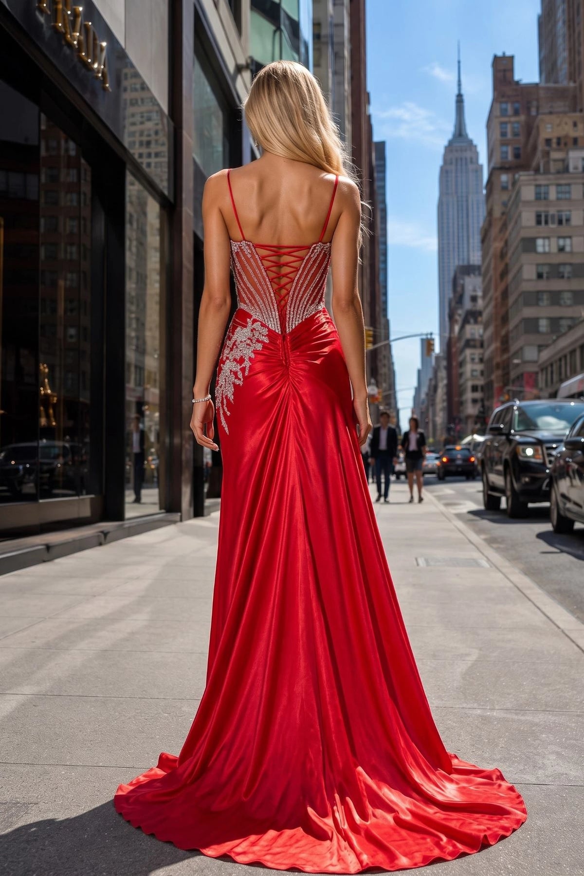 Back view of this Red prom and evening dress highlights the lace-up back.