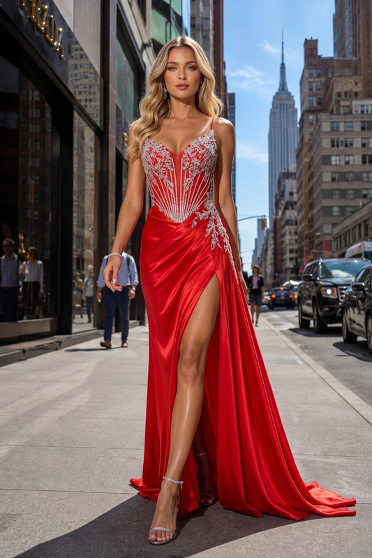 Beaded detailing accents this Red prom and evening dress.