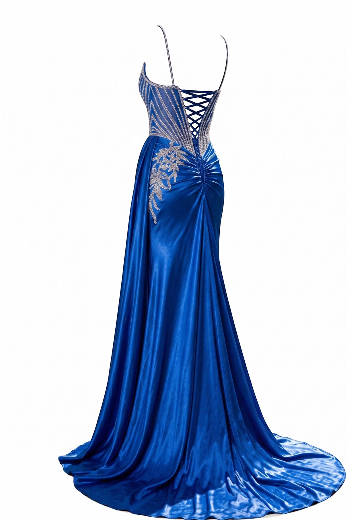 Back view of this Royal Blue prom and evening dress highlights the lace-up back.