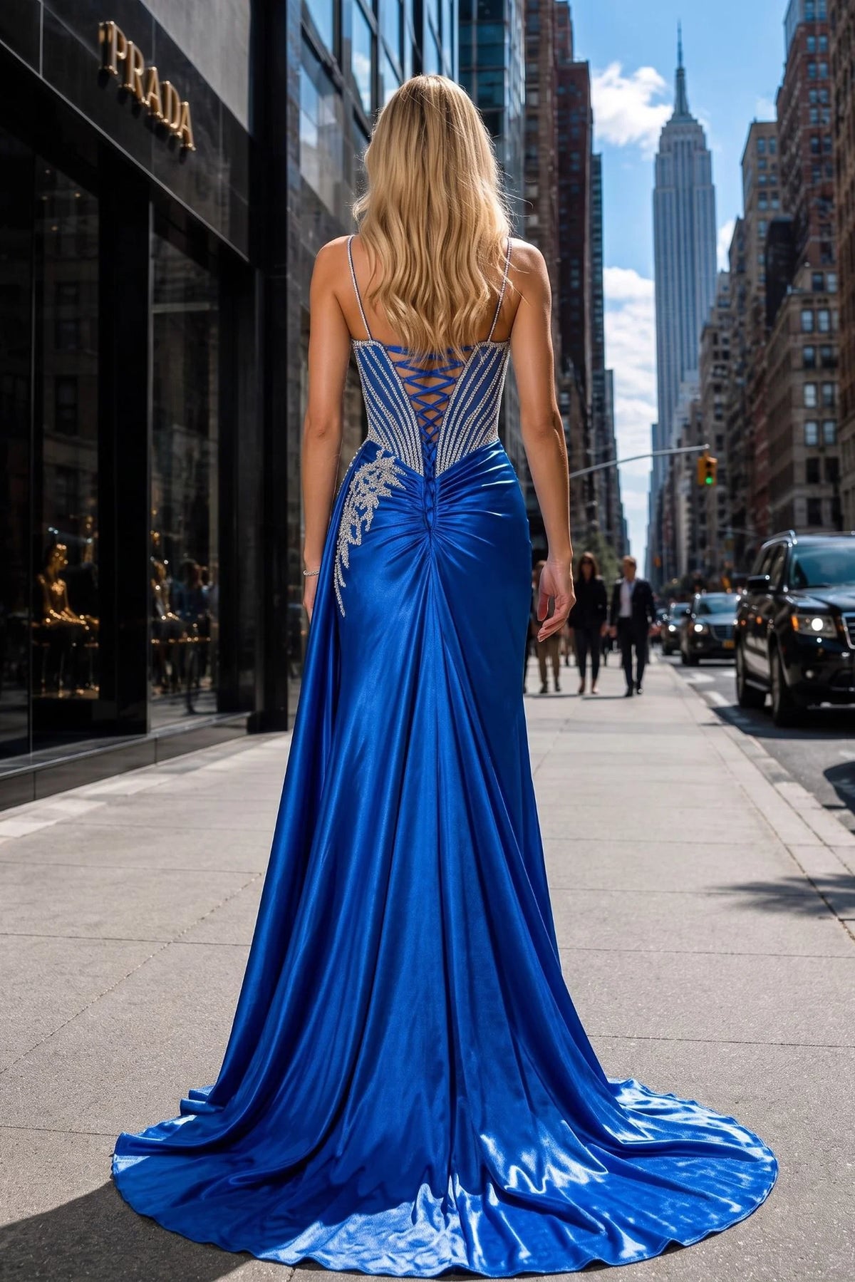 Sweeping hem finishes the back of this Royal Blue prom and evening dress.