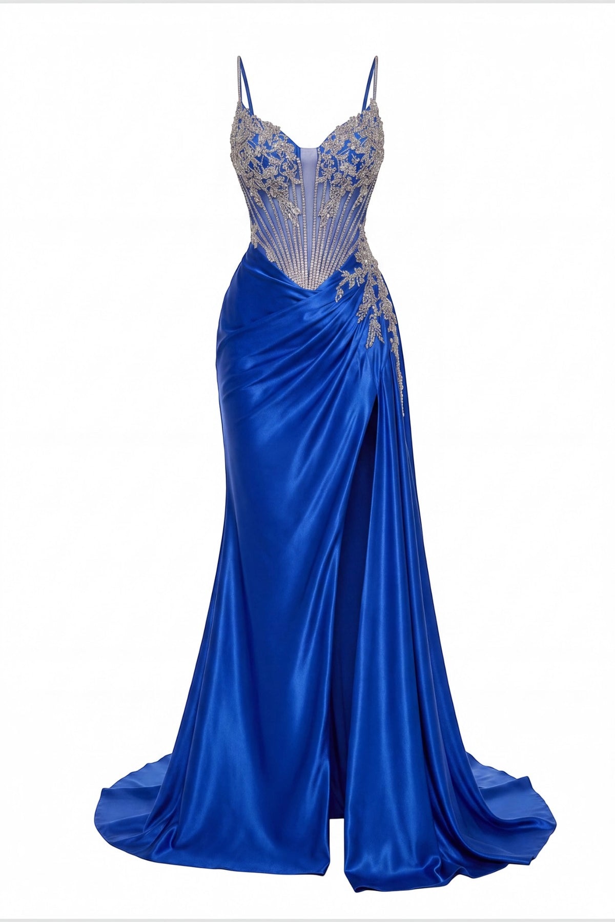 Beaded detailing accents this Royal Blue prom and evening dress.