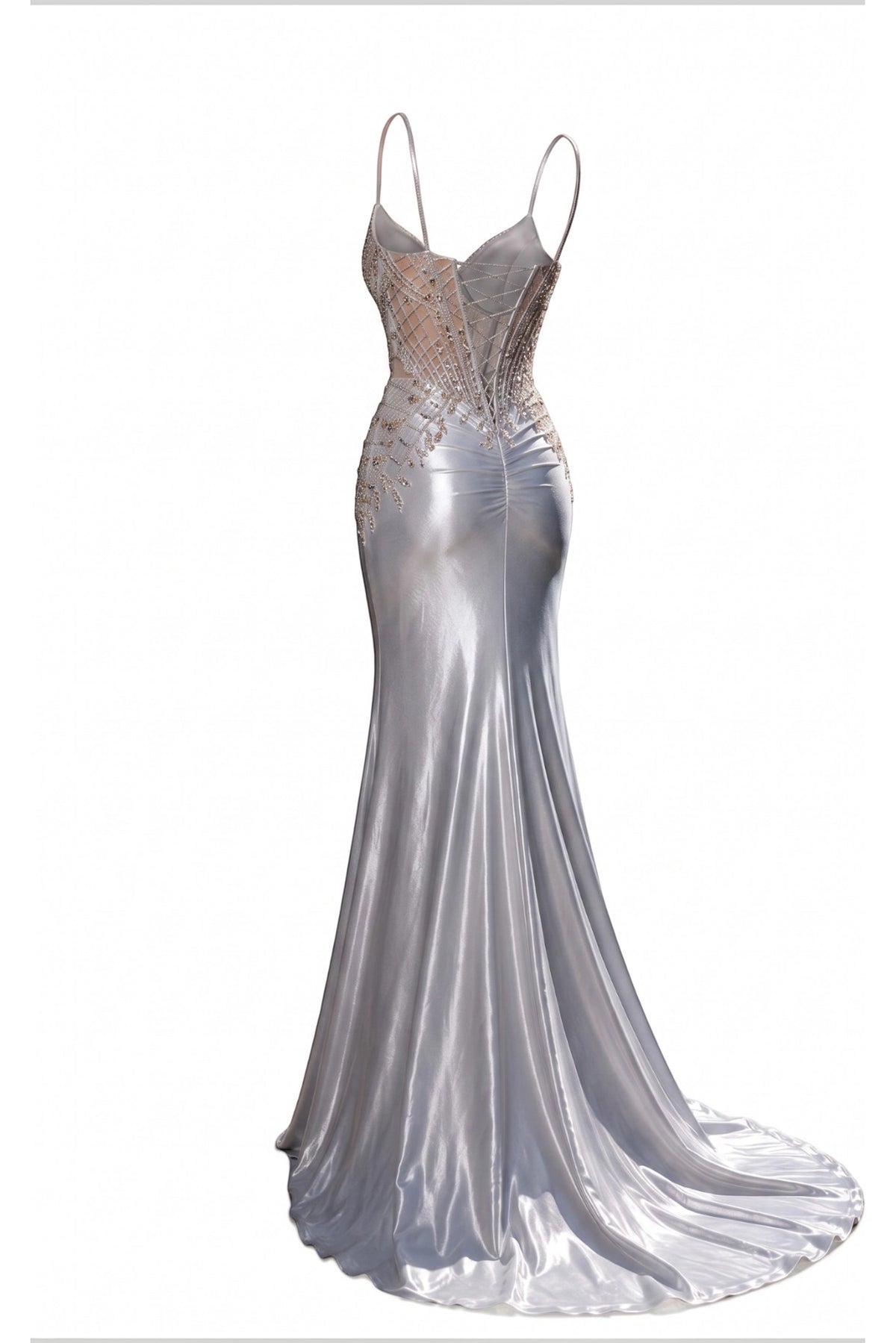 Sweeping hem finishes the back of this Silver prom and evening dress.