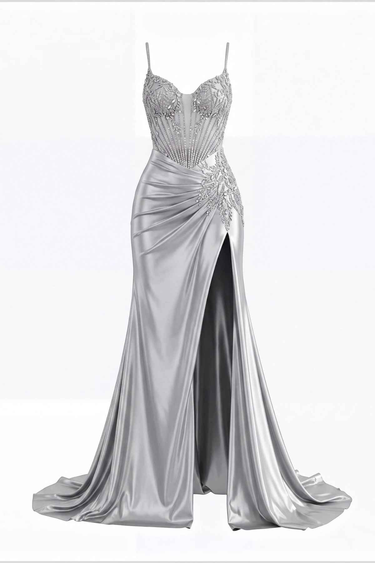 Beaded detailing accents this Silver prom and evening dress.