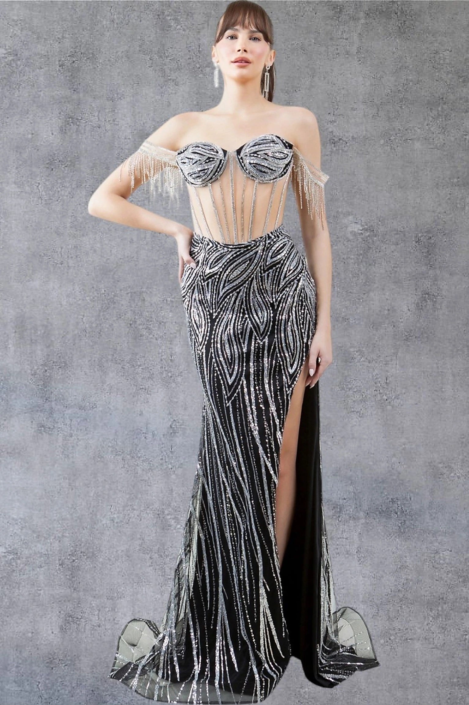 Black prom dress with off-the-shoulder rhinestone fringe neckline