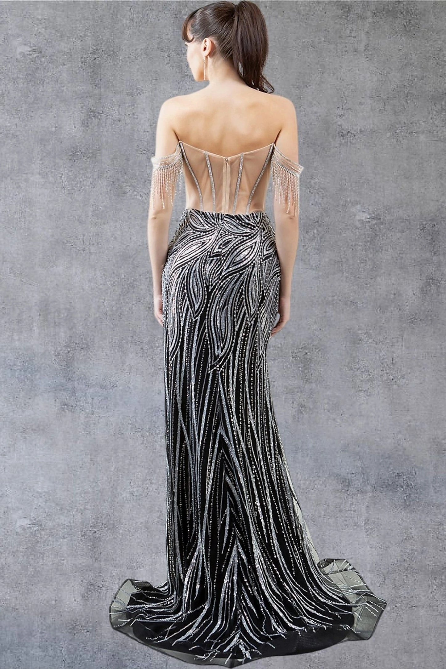 Black prom dress designed with zipper closure