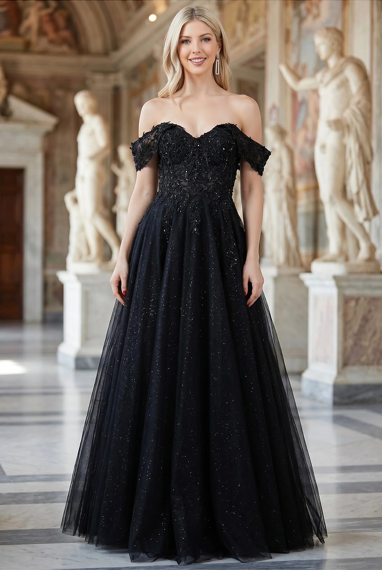 Black evening dress with sweetheart neckline and off-the-shoulder cap sleeves