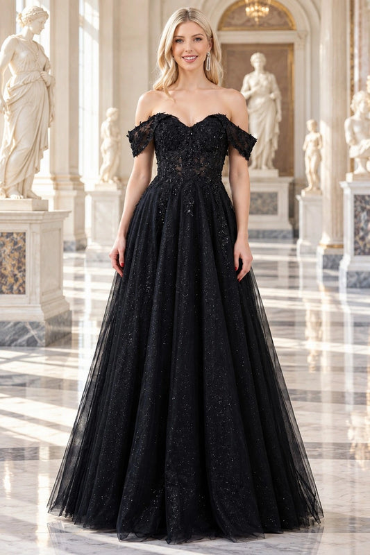 Shown in a front view, the Black prom and evening dress has off-shoulder lace bodice and full tulle skirt.