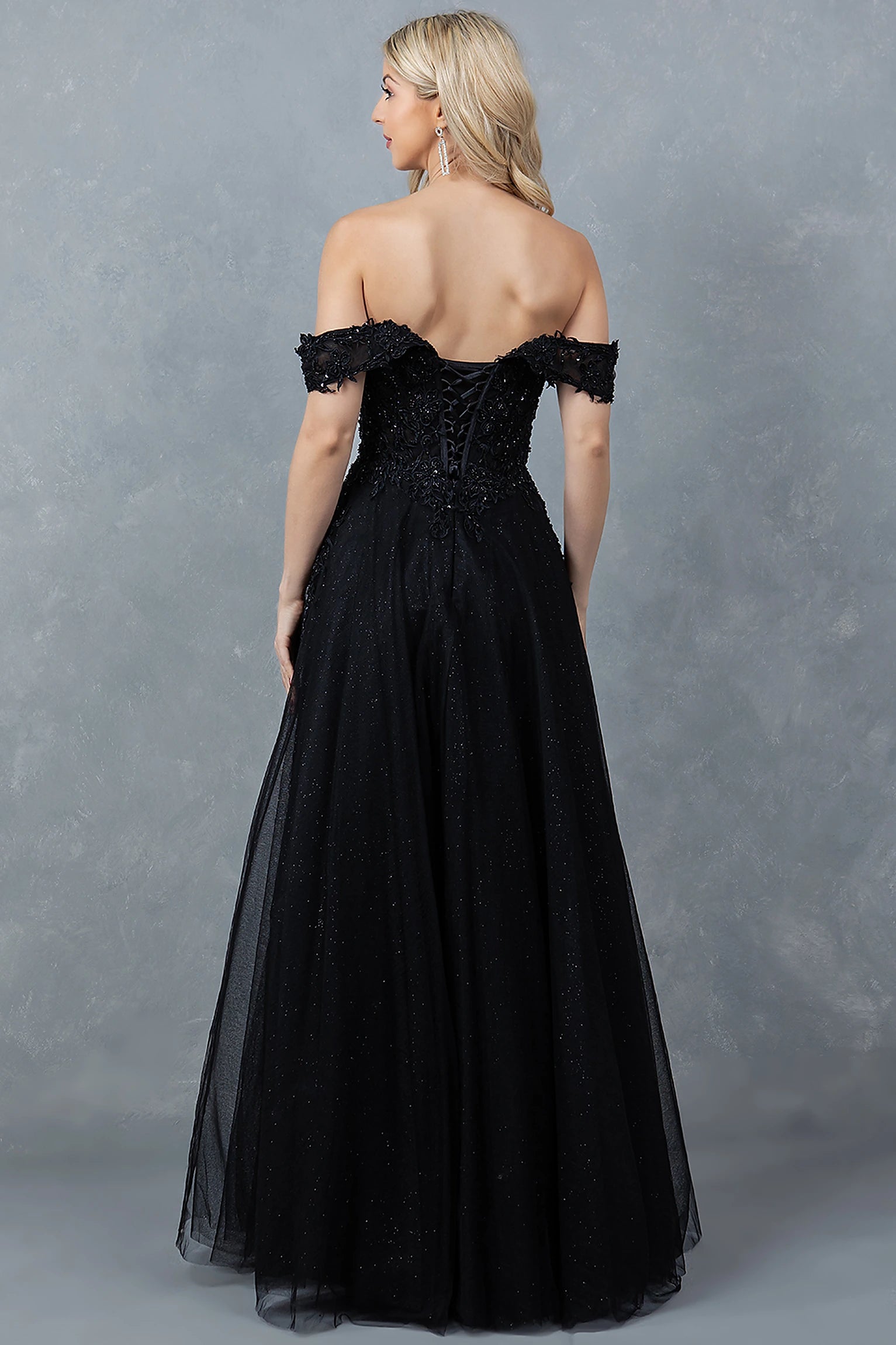 Black evening dress designed with corset lace-up back and zipper closure