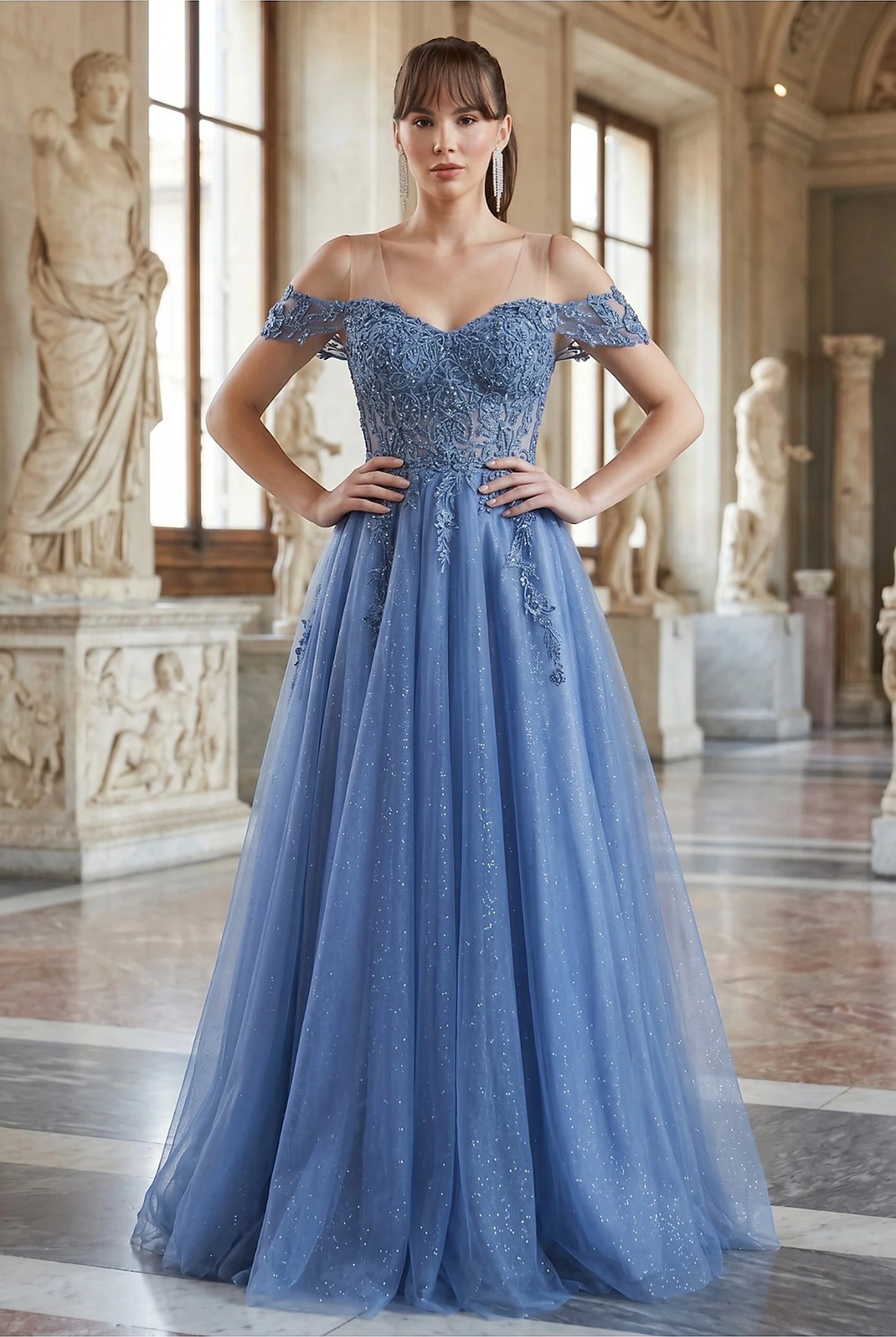 Dusty Blue evening dress with sweetheart neckline and off-the-shoulder cap sleeves