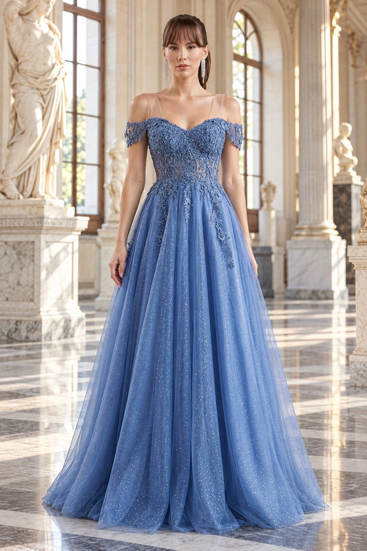 Shown in a front view, the Dusty Blue prom and evening dress has off-shoulder lace bodice and flowing tulle skirt.