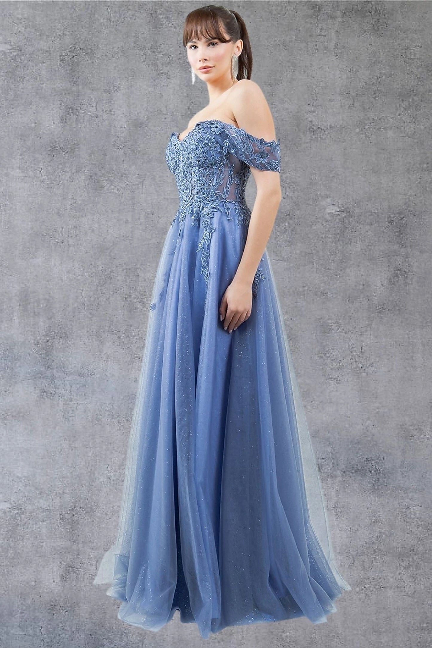 Dusty Blue evening dress styled with layered tulle construction and glitter accents