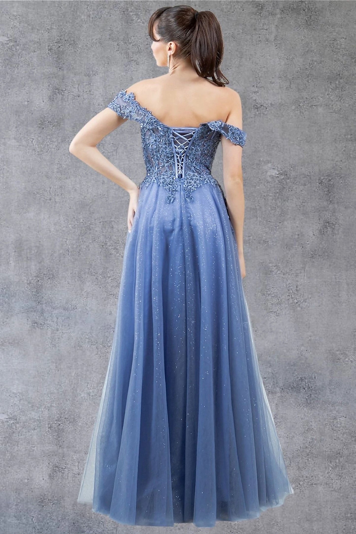 Dusty Blue evening dress designed with corset lace-up back and zipper closure