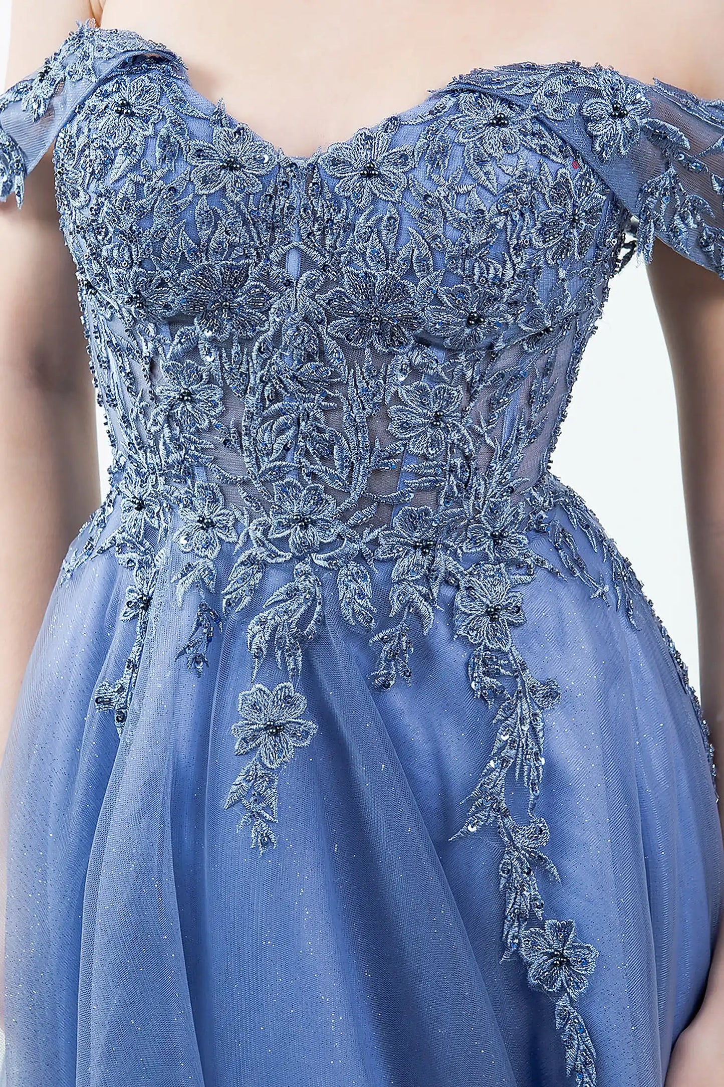 Dusty Blue evening dress featuring lace embroidery with beadwork and sequins