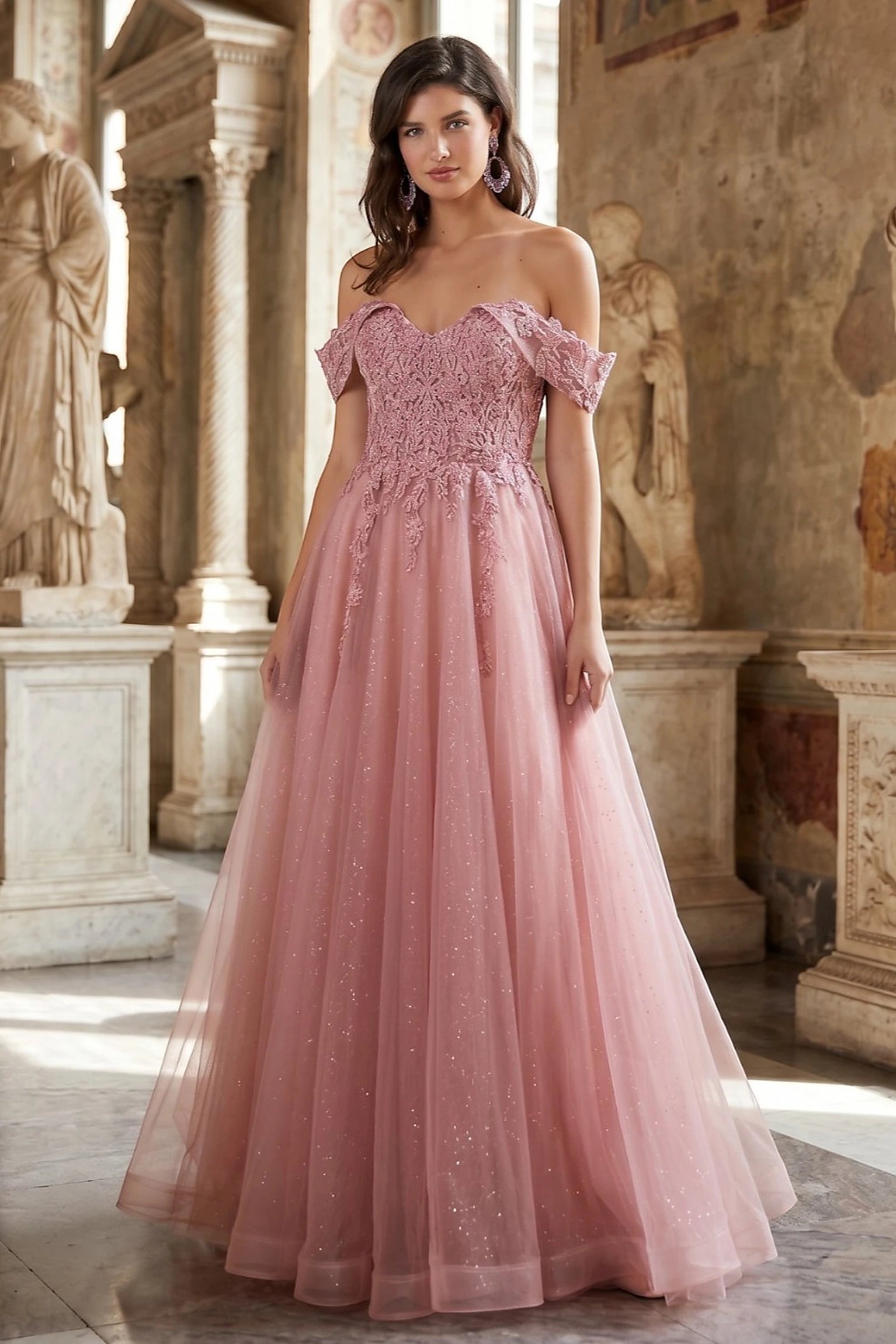 Dusty Rose evening dress with sweetheart neckline and off-the-shoulder cap sleeves