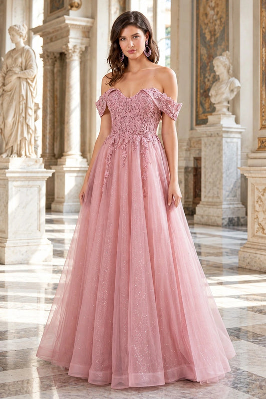 Shown in a front view, the Dusty Rose prom and evening dress has off-shoulder floral lace bodice and layered tulle skirt.